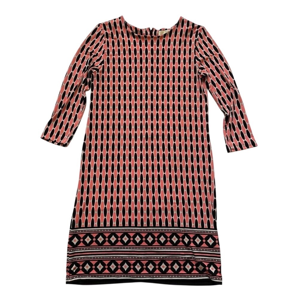 Michael Kors Coral Pink Black Geometric Print Shift Dress 3/4 Sleeve Size 8